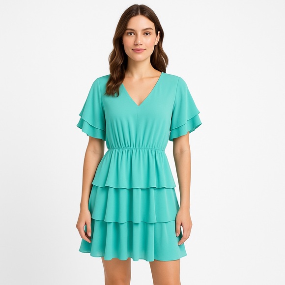 Pink Lily Women's Green Tiered Ruffle Mini Dress Size L Casual - Picture 1 of 6